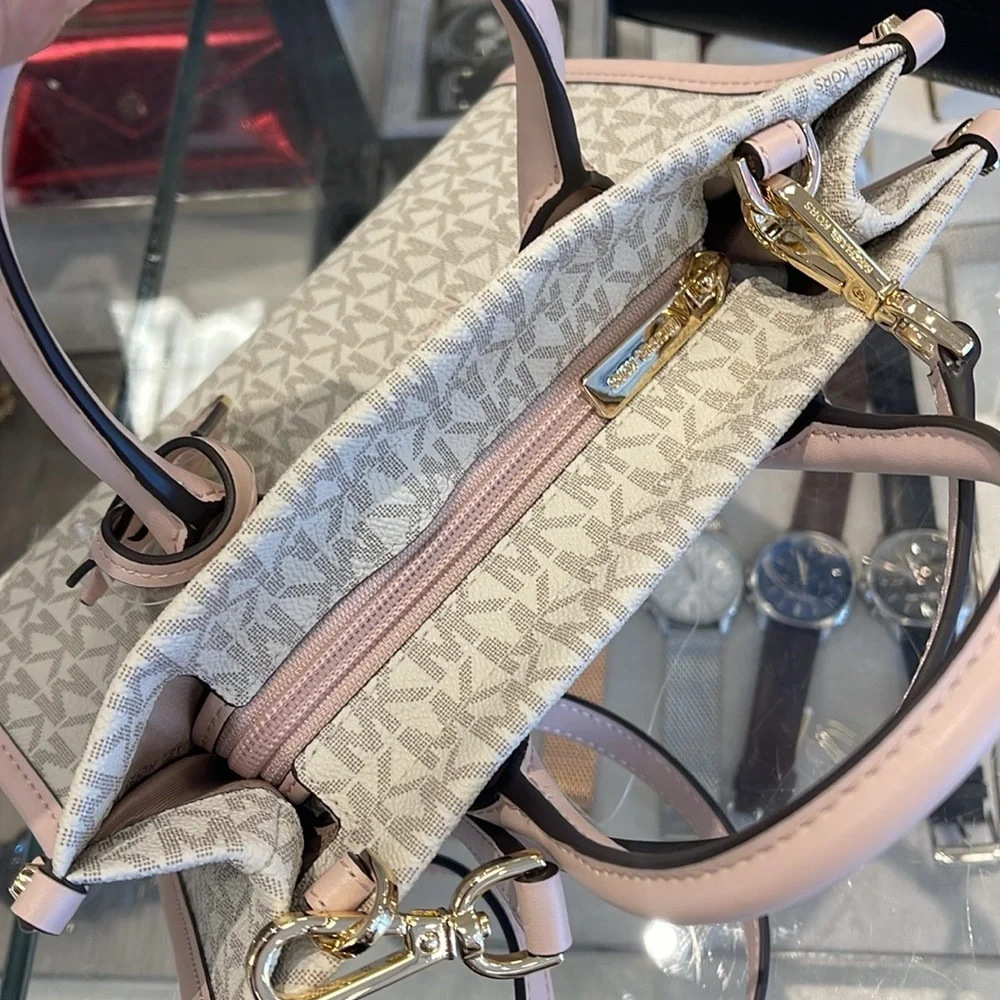 Michael Kors Mirella Small Shopper Top Zip Crossbody Bag Powder Blush Multi Logo